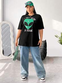 SHEIN EZwear Plus Alien & Slogan Graphic Drop Shoulder Tee - Black - View 7