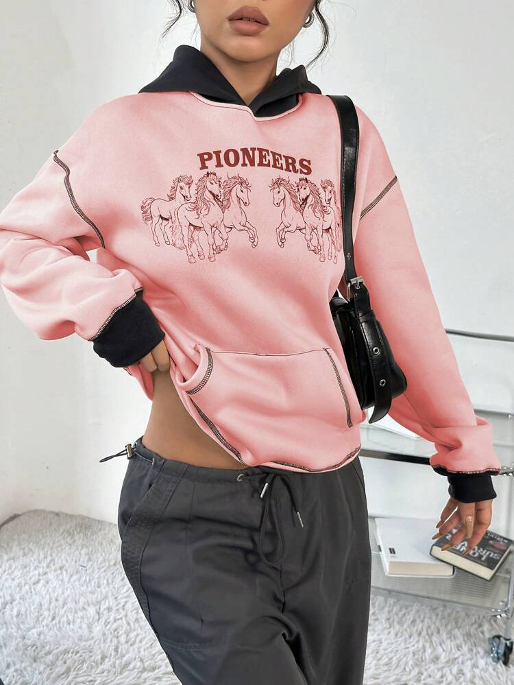 Horse And Monogram Kangaroo Pocket Hooded Sweatshirt