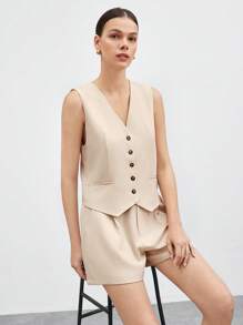 BizChic Bộ vest và quần short cài nút màu trơn dành cho nữ mùa thu/đông - Màu be - Xem 6
