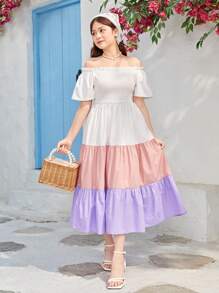 SHEIN Robe Décontractée Tissée Avec Épissure De Couleur Froncée, Épaules Dénudées, Ourlet À Volants, Pour Adolescente - Multicolore - Voir 5