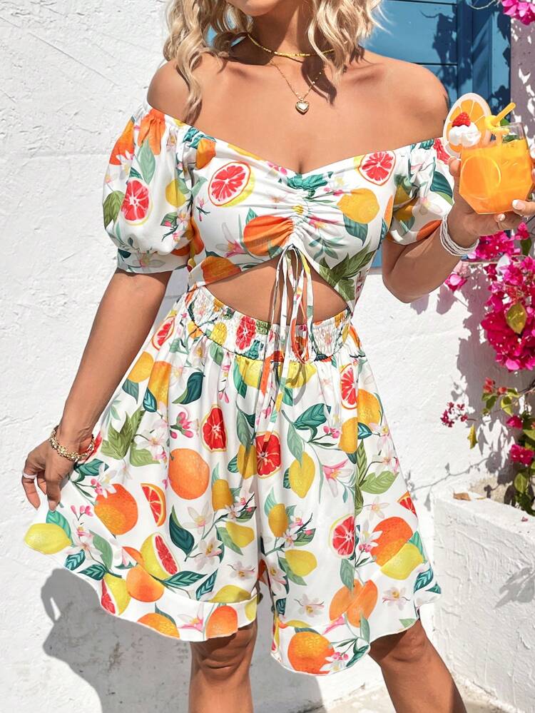 Women's Off Shoulder Short Sleeve Drawstring Fruit Print Hollow Out Jumpsuit