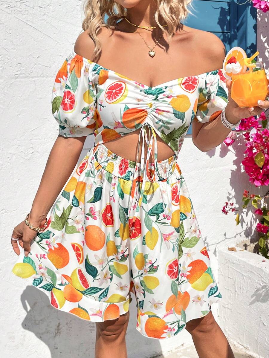 Soleia Của phụ nữ Off Shoulder Ngắn tay Dây rút In trái cây Xu hướng: Cắt giảm Áo liền quần - Nhiều màu - Xem 1