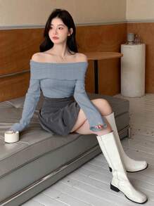 DAZY Áo thun dài tay hở vai màu trơn đơn giản cho nữ mùa thu, quần áo mùa thu hở vai cho nữ - Màu xanh lam - Xem 3