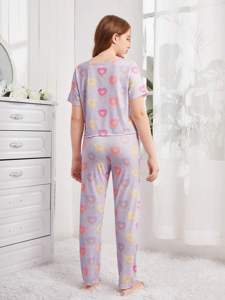Teen Girls' Casual Loose Fit Homewear Set With Heart & Doughnut Pattern Printed Short-Sleeve T-Shirt And Long Pants