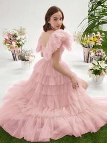 Enchnt Women's Mesh Spliced Flounce Sleeve Cake Hem Dress - Pink - View 2