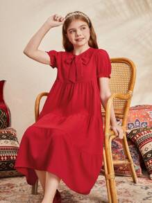 SHEIN Tween 女孩休閒寬鬆泡泡短袖紅色領結連身裙 - 紅色 - 查看 7