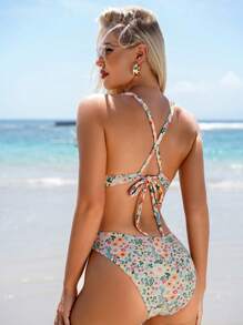 Swim Mod Summer Beach Ladies' Floral Printed Swimwear Set Carnival - Apricot - View 2