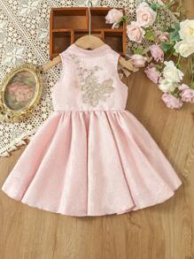Baby Girls' Dress With Embroidered Texture, Cold Shoulder Elegant Party Dress Perfect For Birthday, Party, Wedding, Baptism, 1st Year Anniversary - Pink - View 6