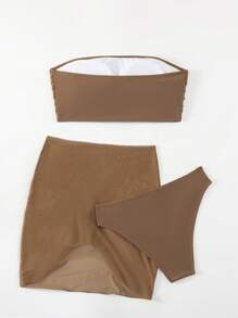 SHEIN Swim Summer Beach Plain Bikini Set Three-Piece Set Bathing Suit - Coffee Brown - View 3