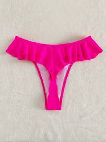 SHEIN Swim Summer Beach Tiered Ruffle Hem Thong Bikini Bottom - Hot Pink - View 4