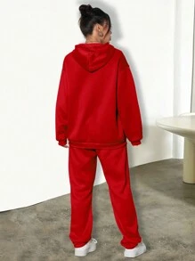 SHEIN EZwear Của phụ nữ Màu thuần Dây rút Hoodie Và Quần thể thao Hai chiếc Bộ - Đỏ - Xem 2