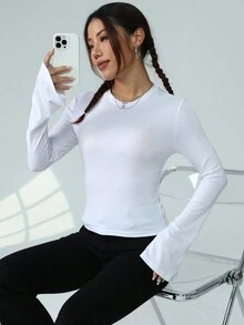 SHEIN EZwear 女士修身超長袖t恤 - 白色 - 查看 5