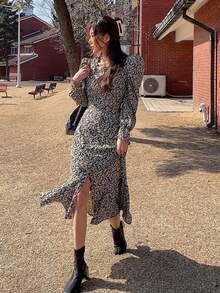 DAZY 女士花卉印花人魚裙,側邊高分裂 - 黑色 - 查看 6