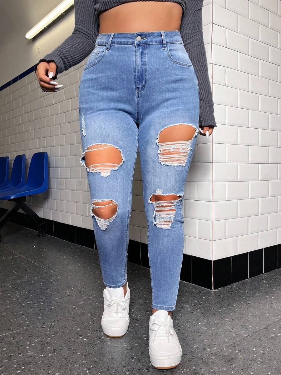 SHEIN ICON Plus Ripped Skinny Jeans Ripped Jeans - Medium Wash - View 1