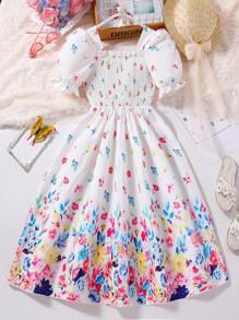 女童花卉印花泡泡袖公主裙 - 白色 - 查看 2