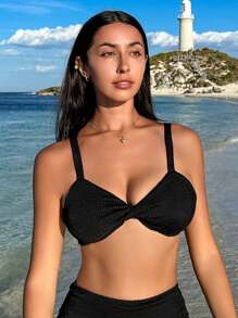SHEIN Swim 纯色扭纹比基尼上衣 嘉年华 夏季 - 黑色 - 查看 7