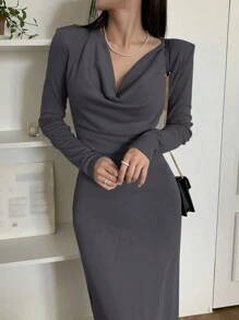 DAZY Vestido de mujer de unicolor con cuello drapeado y abertura alta, ropa de otoño - Gris - Ver 5