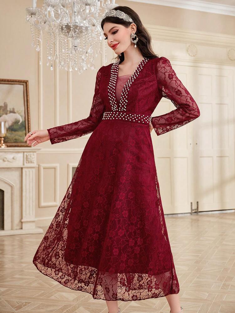 Burgundy Red Women's Lace Patchwork Puff Long Sleeve Dress