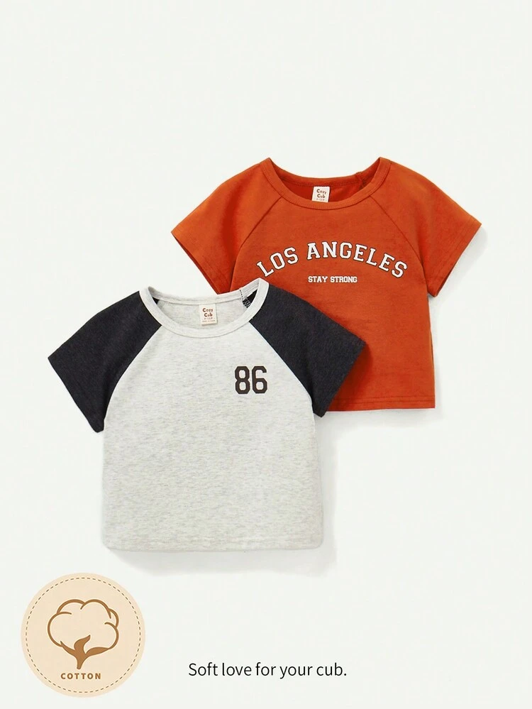 2pcs Baby Boy Letter Printed Crewneck Raglan Sleeve Top