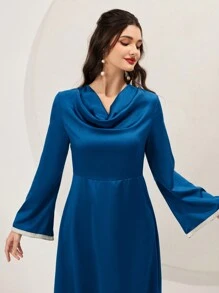 Modelyn Women's Draped Collar Color Block Trim Bell Sleeve A-Line Dress Long Evening Dresses