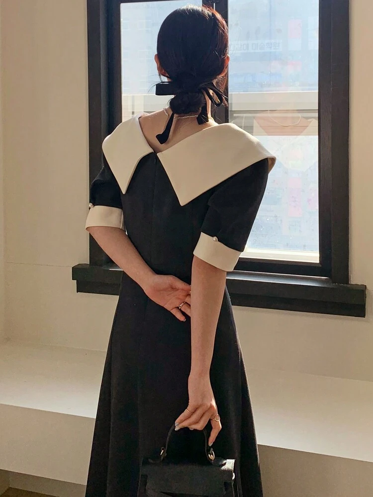 Women's Contrast Color Turn-Down Collar Short Sleeve Dress Sundress Maxi Dress