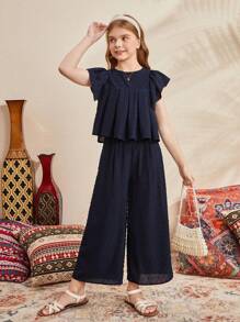 SHEIN Leap Crew 少女宽松休闲彼得潘领荷叶袖上衣和裤子套装