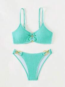 SHEIN Swim Ladies' Swimwear Set With Textured Circular Links, Bikini Set Bathing Suit Beach Outfit Summer Vacation - Baby Blue - View 4