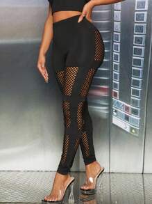 SHEIN SXY 魚網網眼插入高腰緊身褲 - 黑色 - 查看 5