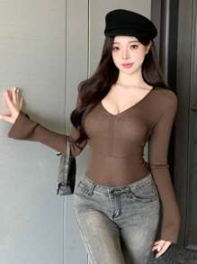 DAZY Slim Fit Solid Color V-Neck Women's Sweater With Long Sleeves,Fall Clothes - Brown - View 1