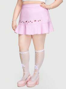 ROMWE Kawaii Plus Size Women's Cute Strawberry Ribbon & Bowknot & Embroidery Decor Sweet A-Line Skirt