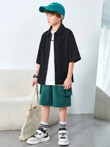 SHEIN Tween男孩休閒寬鬆直筒純色掛脖短袖鈕扣編織襯衫 - 黑色 - 查看 4