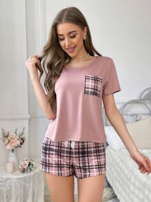 Plaid Print Patch Pocket Sleepwear Set Pajama Set With Plaid Shorts