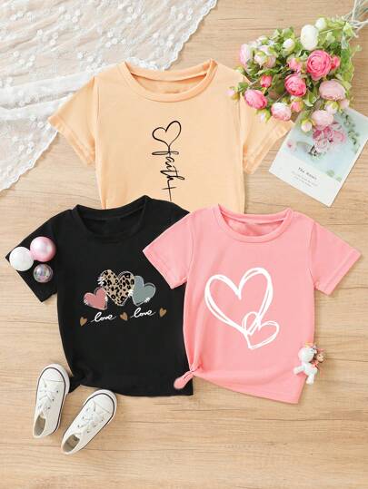 3 st/set Hjärttryck Runda Hals Kort Ärm T-shirts För Unga flickor , Sommar