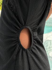 SHEIN 適合青少女穿著的日常休閒單色長款單肩連衣裙 - 黑色 - 查看 3