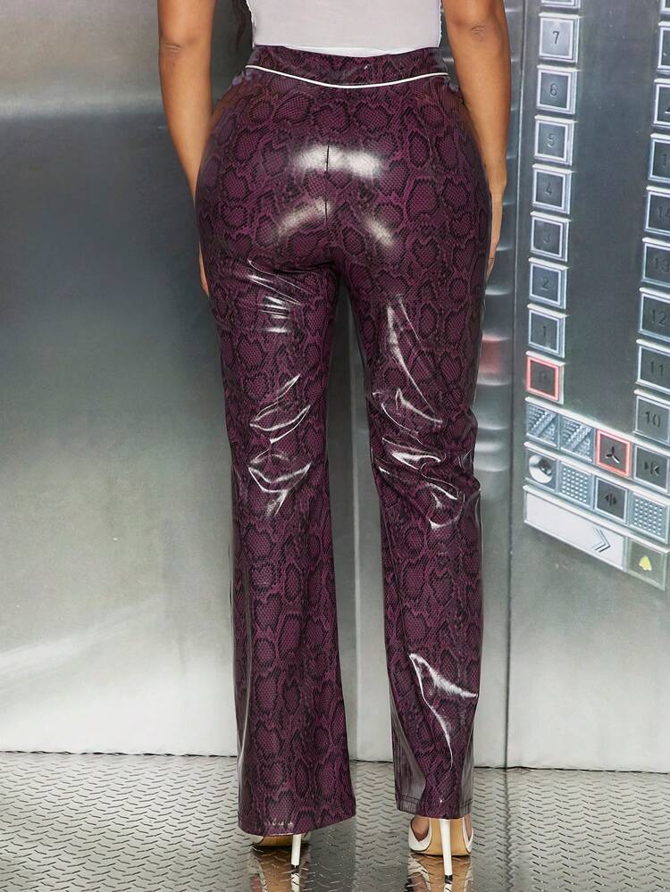 Contrast Piping Snakeskin Print Pants