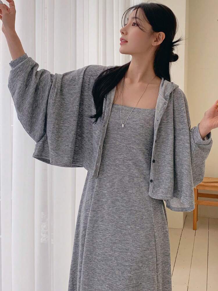 2pcs/Set Women Autumn Embellished Drop Shoulder Long Sleeve Hooded Jacket And Sling Dress For Business Casual,Fall Women Clothes