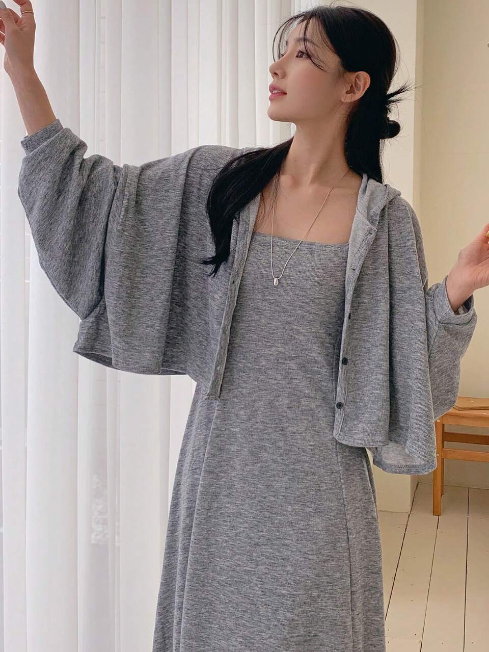 2pcs/Set Women Autumn Embellished Drop Shoulder Long Sleeve Hooded Jacket And Sling Dress For Business Casual,Fall Women Clothes Lounge Sets For Women