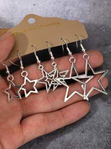 ROMWE Goth 3 Pares De Pendientes De Gota Con Diseño De Estrella - Plateado - Ver 3