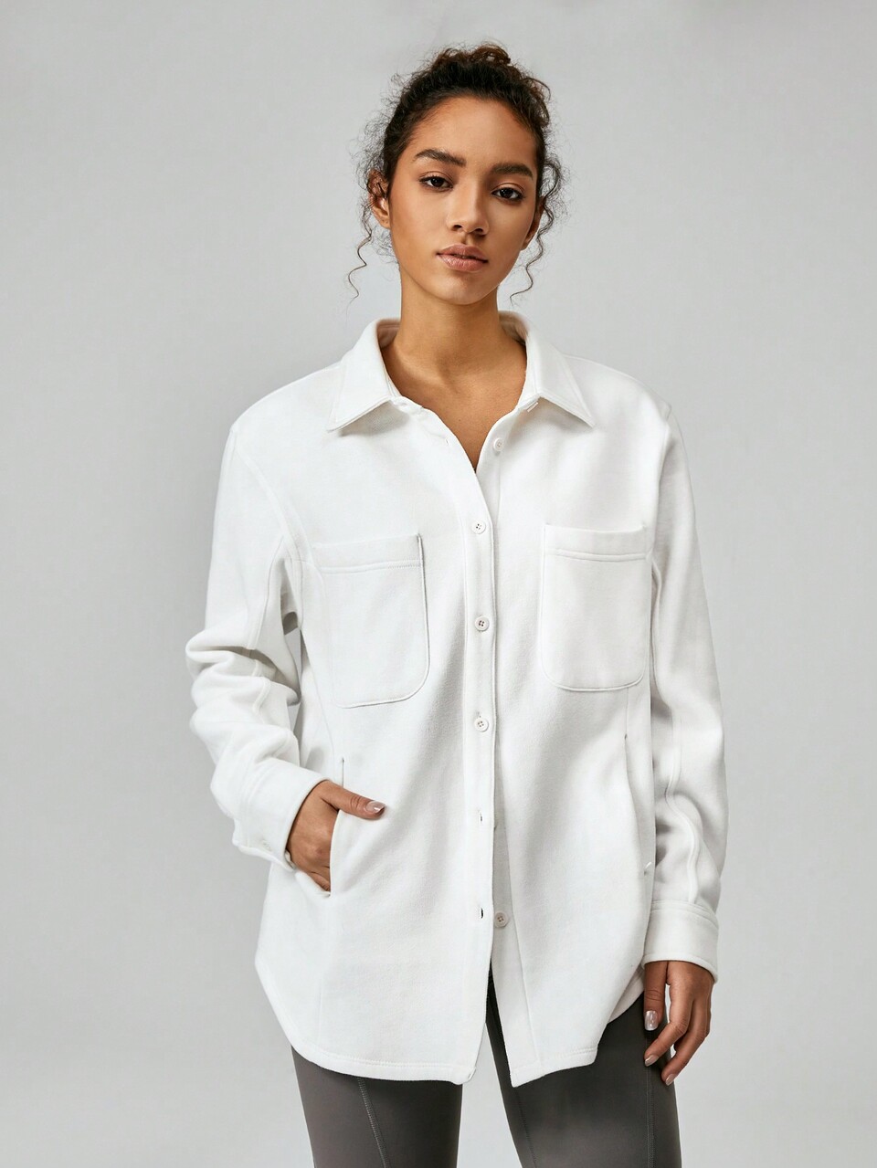 Chaqueta De Camisa Extragrande Con Forro Polar Y Bolsillos, Ropa De Salón Diaria
