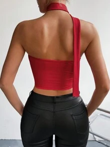 Chiquease 女式不對稱領口無袖上衣,加上3d花裝飾和荷葉邊緣設計 - 紅色 - 查看 2