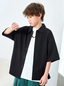 SHEIN Tween男孩休閒寬鬆直筒純色掛脖短袖鈕扣編織襯衫 - 黑色 - 查看 6
