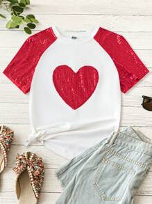 SHEIN LUNE Plus Size Sequin Patchwork Heart Shaped Raglan Sleeve T-Shirt - White - View 1