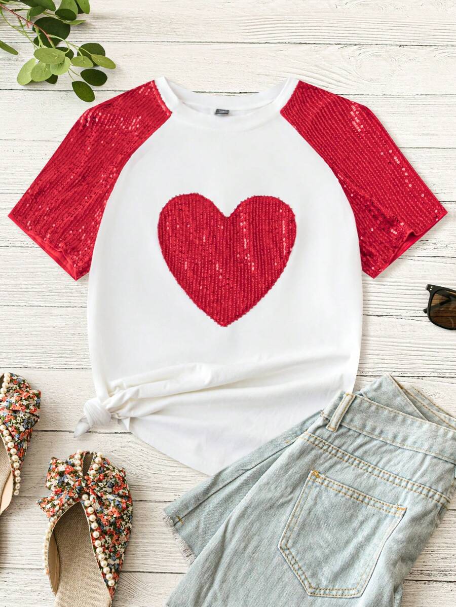 SHEIN LUNE Plus Size Sequin Patchwork Heart Shaped Raglan Sleeve T-Shirt - White - View 1