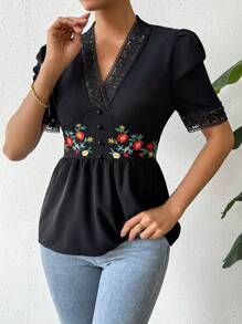 SHEIN Unity 刺繡花邊拼接泡泡袖襯衫