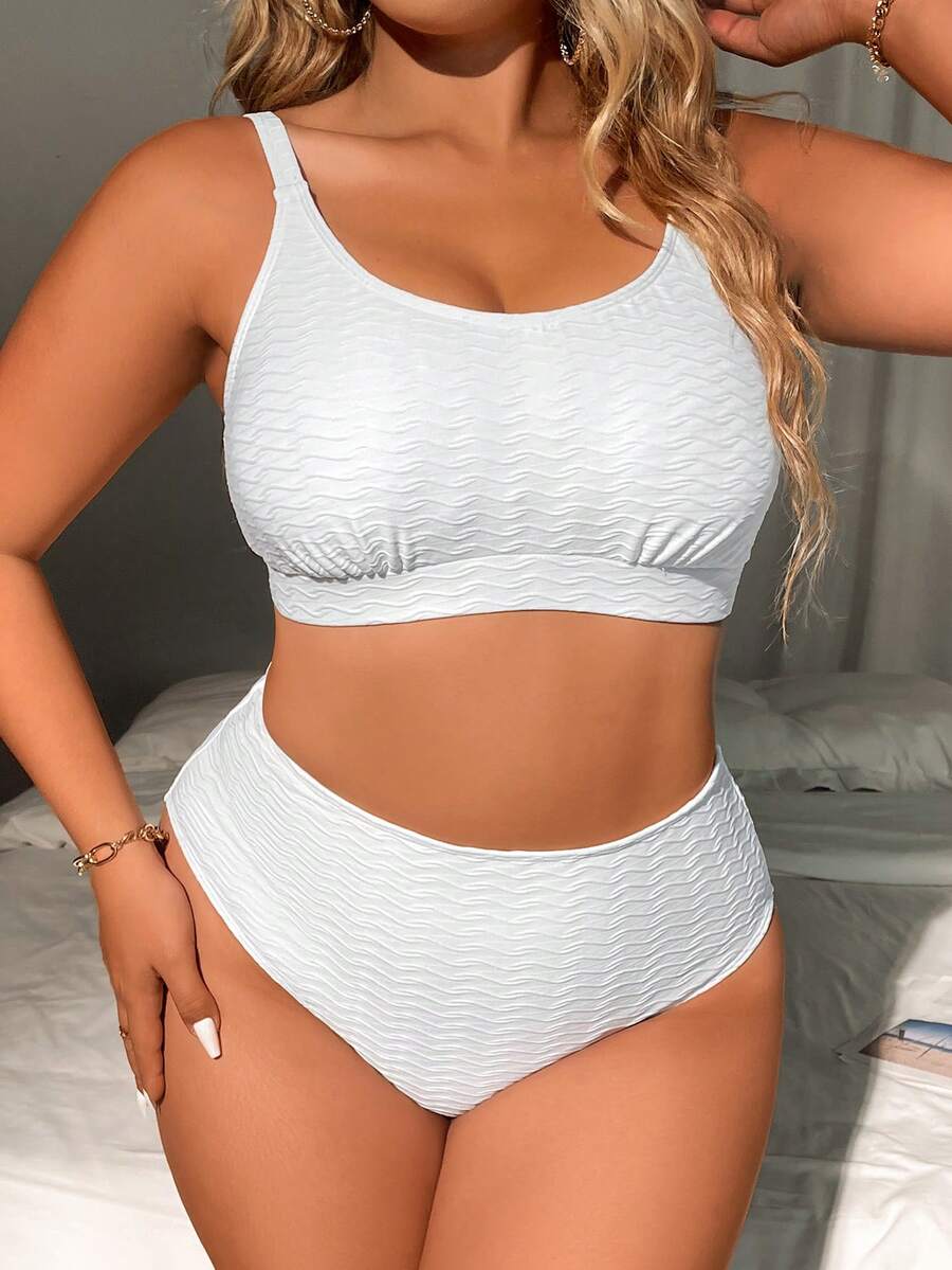 SHEIN Swim Curve 大码女式纯色比基尼套装夏季海滩 - 白色 - 查看 1