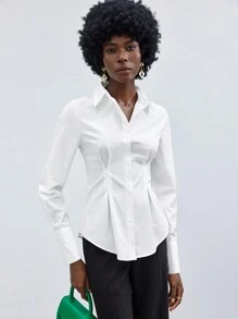 BizChic Women's Solid Color Long Sleeve Waist-Cinching Shirt - White - View 1
