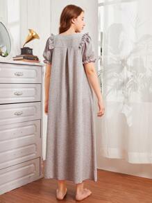 1pc Teen Girls' Casual Short Sleeve Long Sleep Dress With Ruffle Hem Design - Dusty Pink - View 2