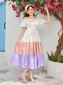 SHEIN Robe Décontractée Tissée Avec Épissure De Couleur Froncée, Épaules Dénudées, Ourlet À Volants, Pour Adolescente - Multicolore - Voir 4