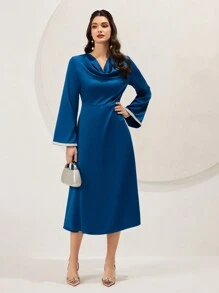Modelyn Women's Draped Collar Color Block Trim Bell Sleeve A-Line Dress Long Evening Dresses