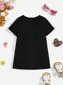 SHEIN Leap Crew 寶寶女孩休閒簡約風卡通圖案短袖圓領裙,適用於夏季穿著 - 黑色 - 查看 2